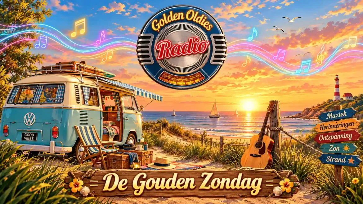Retro vectorillustratie van een pastelblauw vintage camperbusje op een duin bij zonsondergang aan zee, met het logo van Golden Oldies Radio en een houten bord met de tekst De Gouden Zondag.