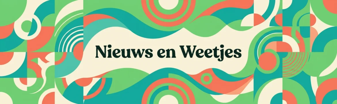 Grafische retro banner met frisse patronen en de tekst Nieuws en Weetjes voor Golden Oldies Radio.