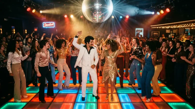 Swingende dansvloer uit de late jaren zeventig met verlichte vloer en glinsterende spiegelbol, passend bij het artikel over disco in de jaren 70.