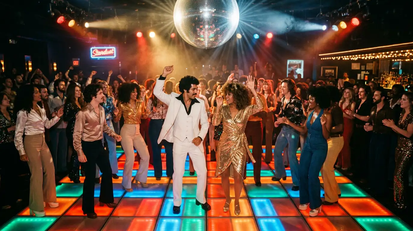 Swingende dansvloer uit de late jaren zeventig met verlichte vloer en glinsterende spiegelbol, passend bij het artikel over disco in de jaren 70.