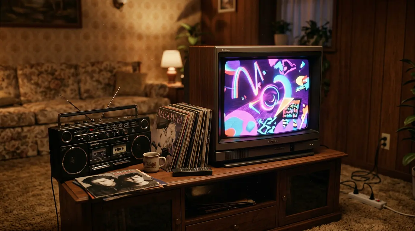 De duurste videoclips van de jaren 80 op een vintage televisie in de huiskamer