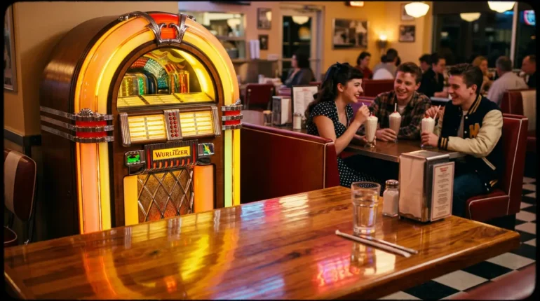 Sfeervolle diner uit de jaren vijftig met een verlichte Wurlitzer jukebox, passend bij de geschiedenis van de jukebox.