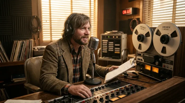 Authentieke vintage radiostudio met microfoon en bandrecorders, passend bij de geschiedenis van radioreclame