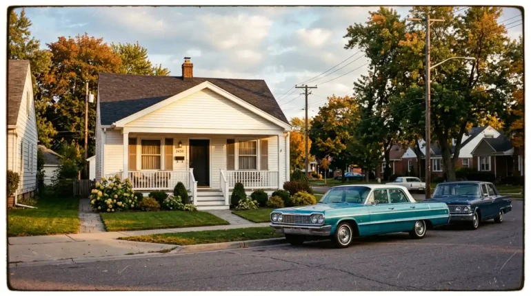 Sfeervolle afbeelding van een charmant wit houten huis in Detroit, de plek waar de Motown sound geschiedenis schreef.