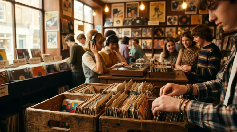 Vintage platenzaak uit de jaren zestig met vinyl singles, passend bij het artikel over one-hit wonders jaren 60