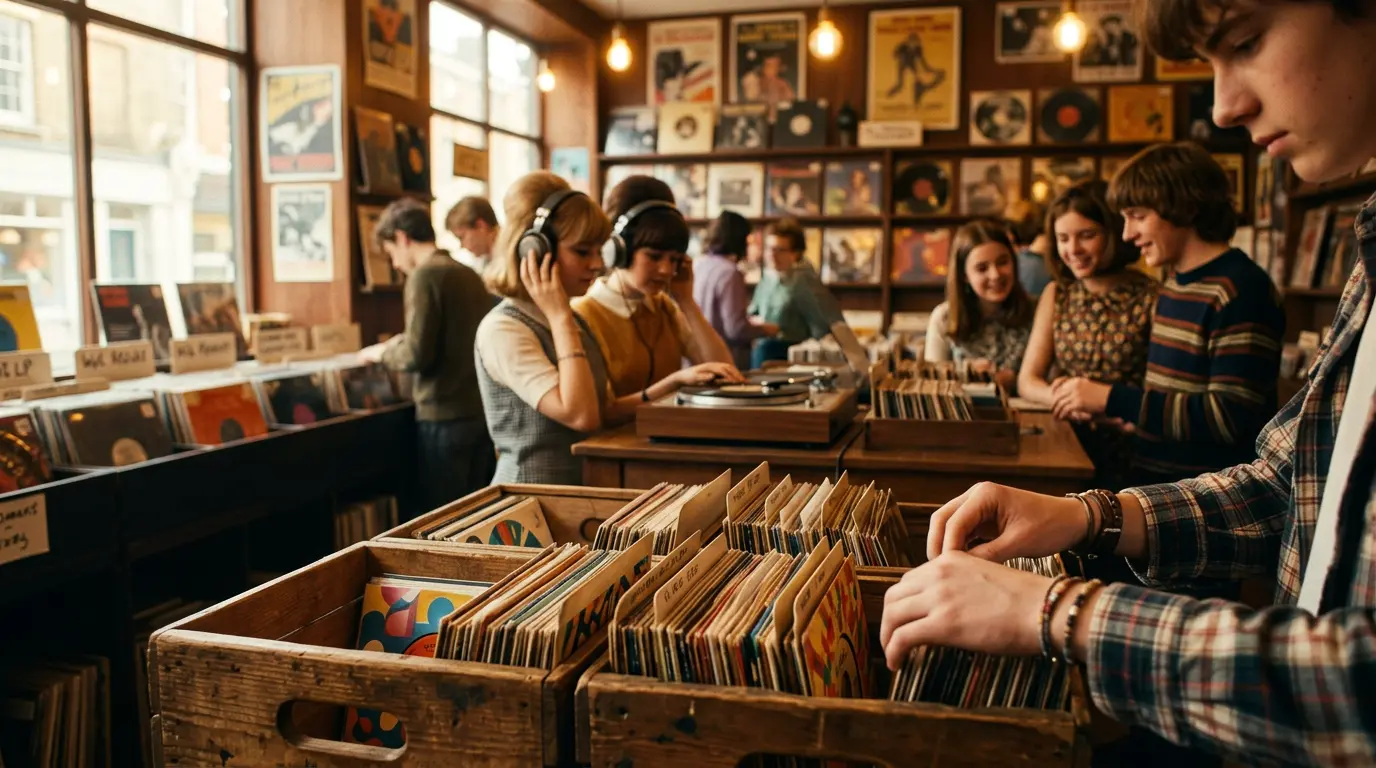 Vintage platenzaak uit de jaren zestig met vinyl singles, passend bij het artikel over one-hit wonders jaren 60