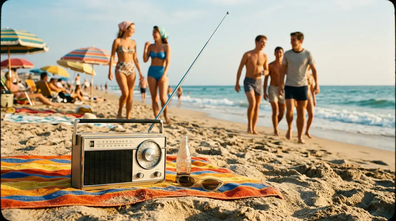 Sfeervolle zomerscène uit de jaren zestig met een draagbare radio op het strand, passend bij de transistorradio geschiedenis.