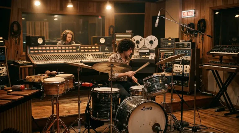 Authentieke opnamestudio uit de jaren tachtig met drums en percussie, passend bij het verhaal achter Africa Toto.