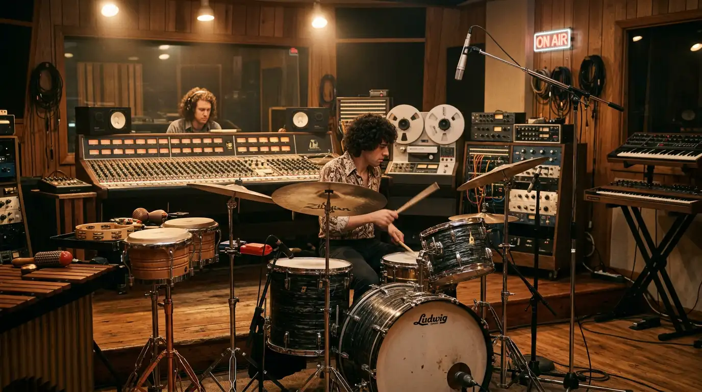 Authentieke opnamestudio uit de jaren tachtig met drums en percussie, passend bij het verhaal achter Africa Toto.