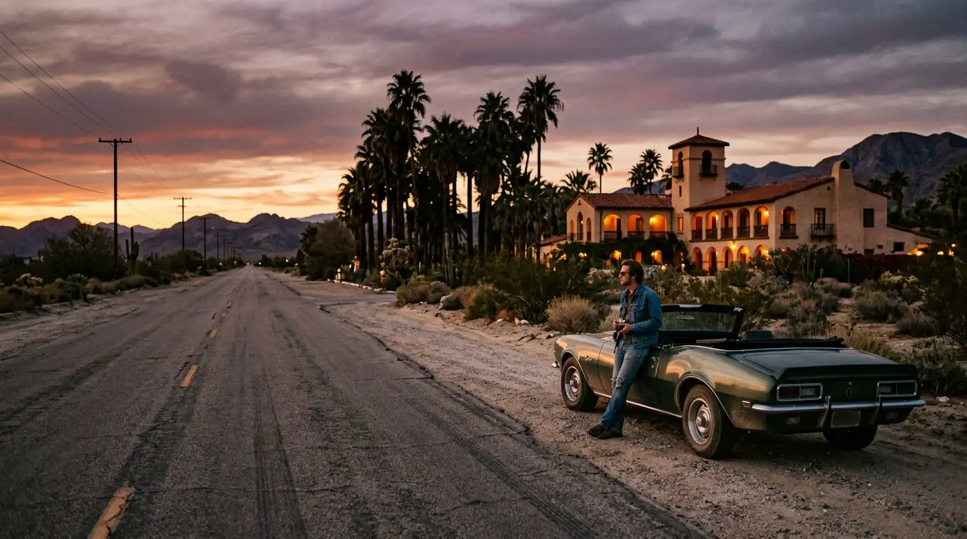 Sfeervol beeld van een mysterieus woestijnhotel in Californië bij zonsondergang, passend bij het verhaal achter Hotel California van The Eagles.