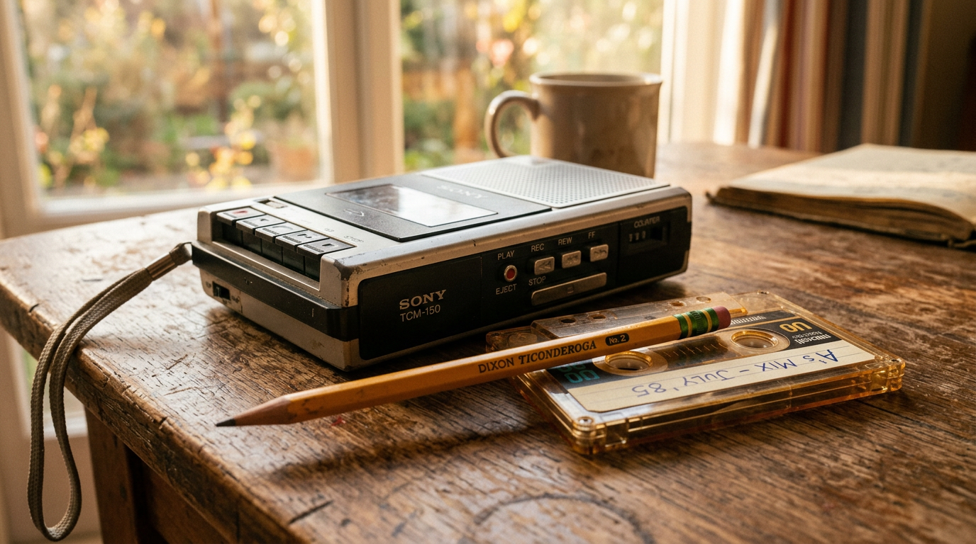 de beste dagen van het cassettebandje. Nostalgische opstelling van een cassettebandje met een potloodje en radiorecorder uit de jaren tachtig, passend bij het artikel over het cassettebandje.