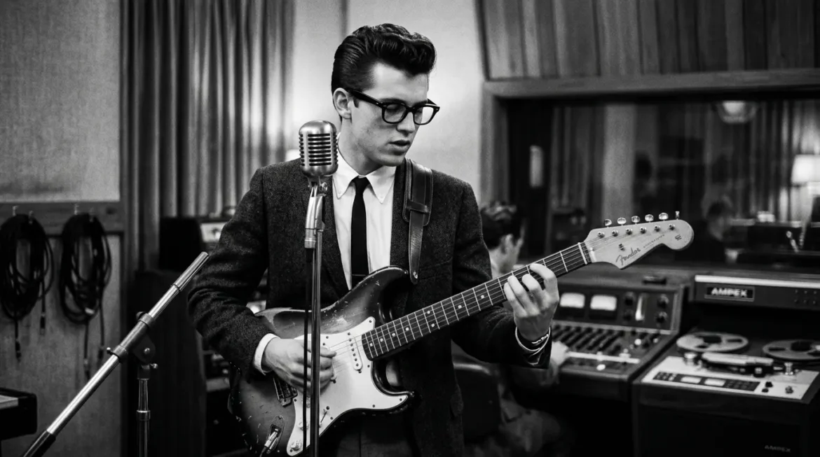 Sfeervolle foto van een 1950s rock-'n-roll muzikant die laat zien waarom Buddy Holly zo tijdloos is.
