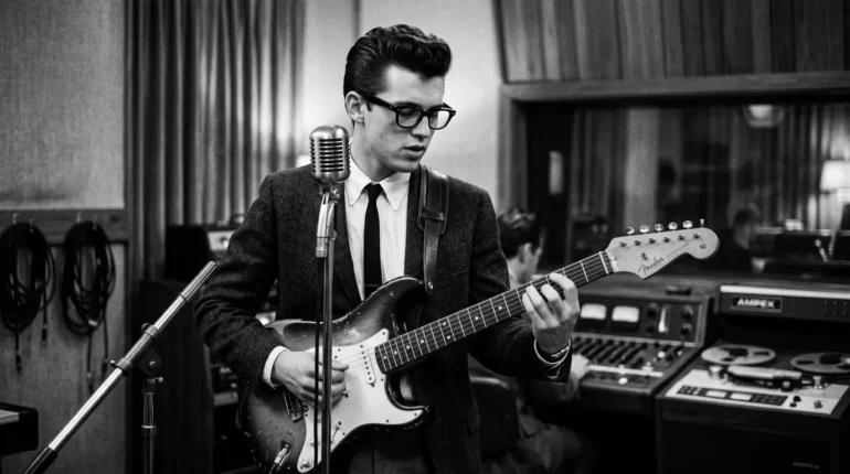 Sfeervolle foto van een 1950s rock-'n-roll muzikant die laat zien waarom Buddy Holly zo tijdloos is.