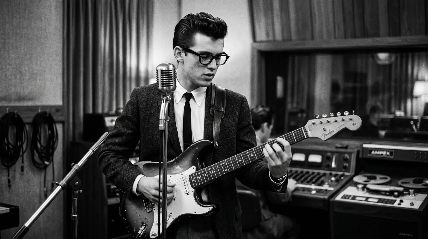 Sfeervolle foto van een 1950s rock-'n-roll muzikant die laat zien waarom Buddy Holly zo tijdloos is.