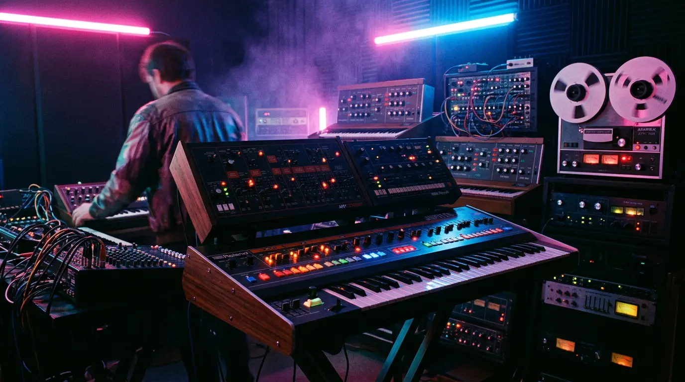 Sfeerbeeld bij het verhaal over de synthesizer-explosie die de jaren 80 vormde: neonsfeer bij een analoge synthesizer.