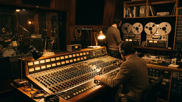 Vintage 1960s opnamestudio mengtafel en bandrecorders, passend bij het artikel over studio-apparatuur uit de sixties.