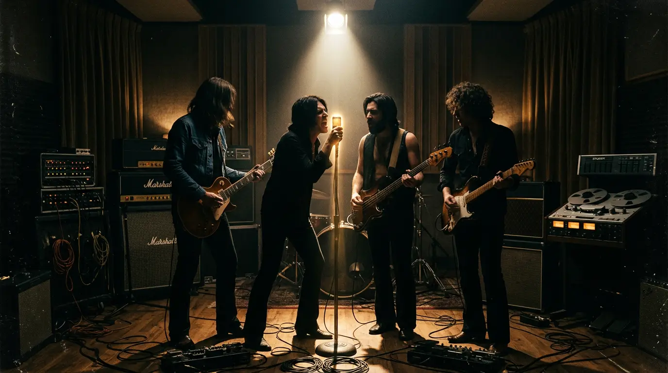 Bizarre sfeer van een band tijdens de opnames van de plaat, passend bij het verhaal achter Bohemian Rhapsody.
