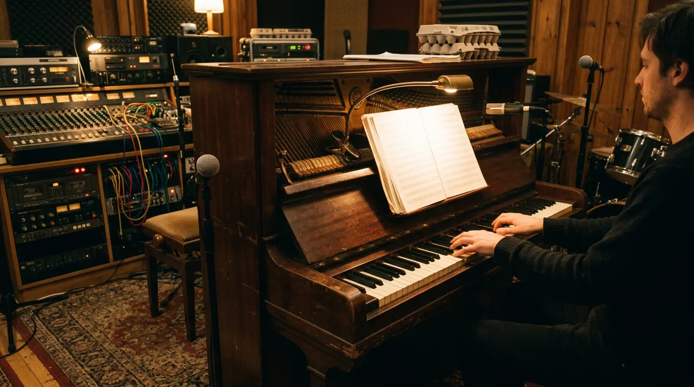 Sfeerbeeld bij het verhaal over Journey met don't stop believin': vintage opnamestudio met een piano.